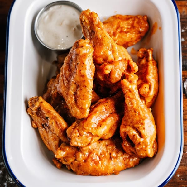 A white enamel bowl with a blue rim filled with buffalo wings and a side of ranch dressing.