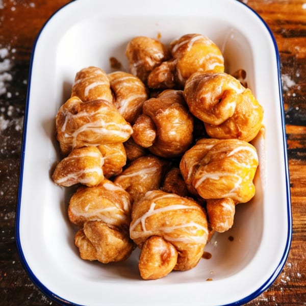 A white enamel dish with a blue rim filled with golden-brown NY Pie garlic knots drizzled with white icing.
