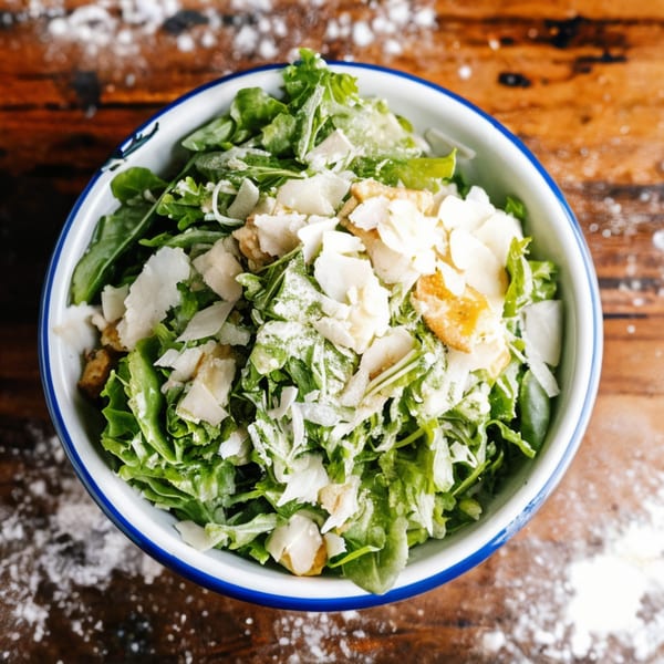 NY Pie's Caesar salad with fresh greens, shaved parmesan, and croutons in a white bowl.
