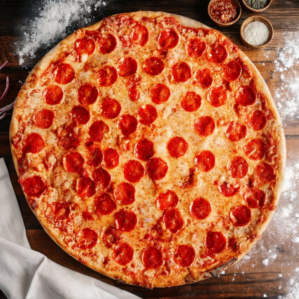 A large, round pepperoni pizza from NY Pie, with spices and flour on a wooden table.