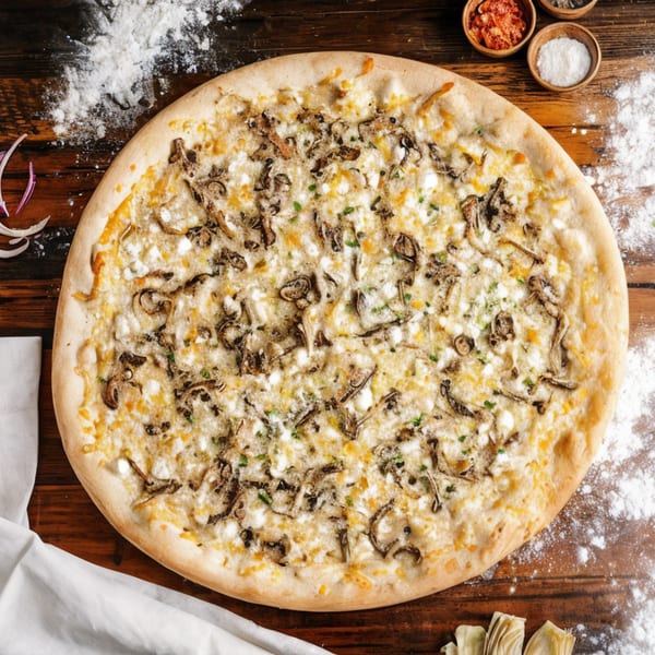 NY Pie's white pizza with mushrooms, ricotta, and mozzarella on a wooden table with flour.