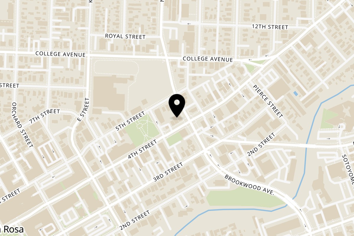 Map showing the location of N.Y. Pie Pizzeria on 65 Brookwood Ave suite 1 & 2 in Santa Rosa